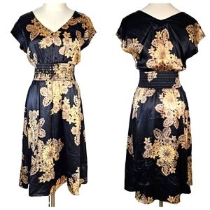 BANANA REPUBLIC Size 0 Silk Black Floral Print Smocked Waisted Party Dress